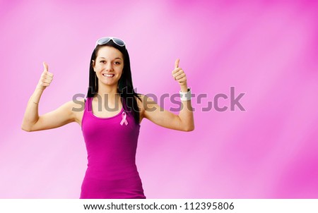 Young woman cancer survivor on soft light or airy pink abstract background, perfect for awareness campaign