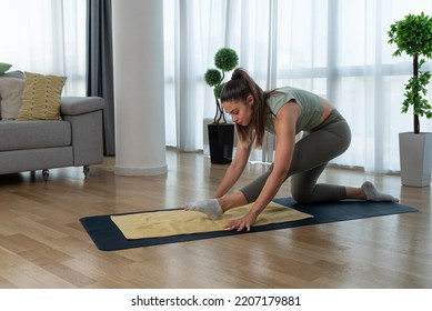 Young Woman Cancer Survivor Practicing Home Workout Yoga Training, Stretching Muscles And Breathing Exercise For Healthy Life After Long Struggle With Sickness And Pain.