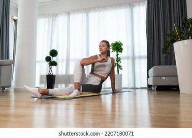 Young Woman Cancer Survivor Practicing Home Workout Yoga Training, Stretching Muscles And Breathing Exercise For Healthy Life After Long Struggle With Sickness And Pain.