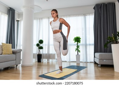 Young Woman Cancer Survivor Practicing Home Workout Yoga Training, Stretching Muscles And Breathing Exercise For Healthy Life After Long Struggle With Sickness And Pain.