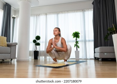 Young Woman Cancer Survivor Practicing Home Workout Yoga Training, Stretching Muscles And Breathing Exercise For Healthy Life After Long Struggle With Sickness And Pain.