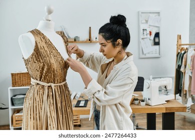 Young woman in casual attire upcycling clothes, sewing a dress on a mannequin. - Powered by Shutterstock