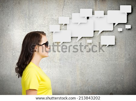 Young woman in casual with blank speech bubble above