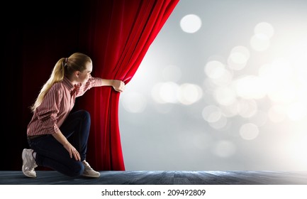 Young Woman In Casual Opening Red Curtain