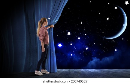 Young Woman In Casual Opening Stage Curtain