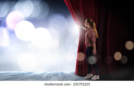 Young Woman In Casual Opening Stage Curtain