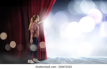 Young Woman In Casual Opening Stage Curtain