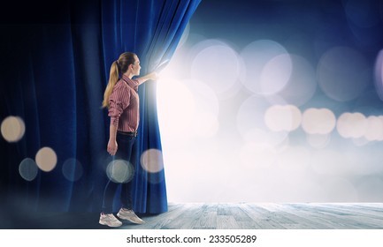 Young Woman In Casual Opening Stage Curtain