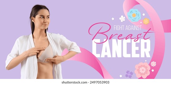 Young woman checking her breast on lilac background. Banner for breast cancer awareness concept - Powered by Shutterstock