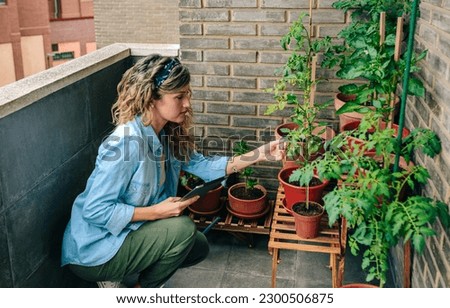 Young woman checking plants of urban garden on terrace of residential apartment while holding digital tablet in her hand