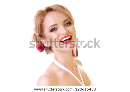 young woman cheerfully and positively laughing. happy emotions. face close up. isolated on a white background