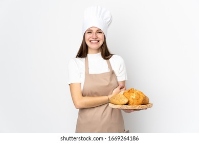 Young Woman In Chef Uniform Isolated On White Background Laughing