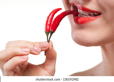 Young Woman With Chili Pepper Isolated On White