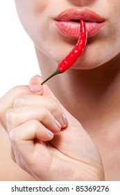 Young Woman With Chili Pepper Isolated On White