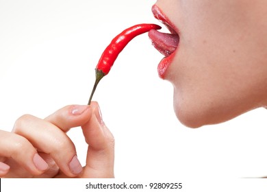 Young Woman With Chili Pepper Isolated On White