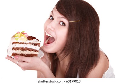 Young Woman With Chocolate Cake. Isolated.