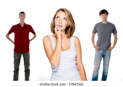 Young woman choose from two young men  - isolated