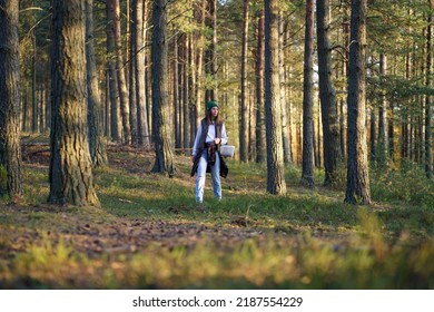 Young woman city dweller gets lost in thick autumn forest. Stylish female looks for pathway among large trees. Sun rays break through branches and lights dark forest. City people adventures in