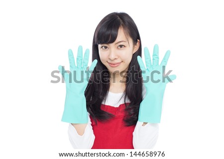 young woman with cleaning gloves, isolated on white background