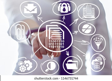 Young woman clicks a digital documents with numbers zero one button surrounded by specific icons. Data digitization. Information digitalization. Computer binary digital file. - Powered by Shutterstock