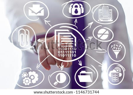 Young woman clicks a digital documents with numbers zero one button surrounded by specific icons. Data digitization. Information digitalization. Computer binary digital file.