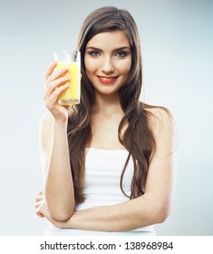 Young Woman Close Up Portrait Drink Juice. Female Model Happy Smile.