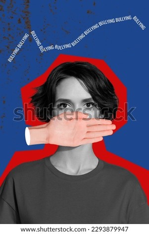 Young woman with closed mouth gender discrimination conceptual collage artwork society bullying female blue poster background