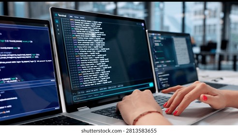 Young Woman Coding Software On Laptop Using Cloud-based IDE Workspace.
