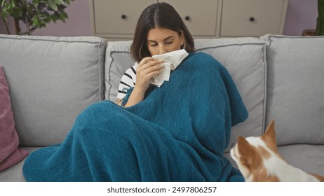 A young woman with a cold, wrapped in a blanket, blows her nose on the couch with a chihuahua watching her. - Powered by Shutterstock