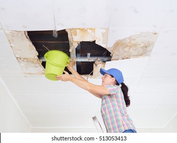 Young Woman Collecting Water In Bucket From Ceiling. Ceiling Panels Damaged Huge Hole In Roof From Rainwater Leakage.Water Damaged Ceiling .