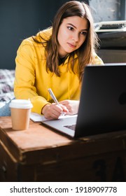 Young Woman College Student Studying With Laptop, Distantly Preparing For Test Exam, Writing Essay Doing Homework At Home, Distantly Education Concept.