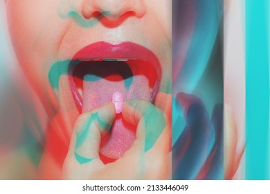 Young Woman With Colorful Psychoactive Drug Pills On Her Tongue Having Psychedelic Trip With Hallucinations