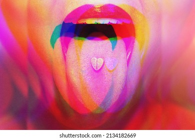 Young Woman With Colorful Psychoactive Drug Pills On Her Tongue Having Psychedelic Trip With Hallucinations