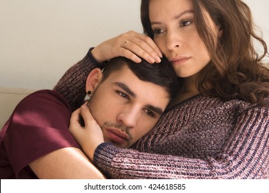 A Young Woman Comforts Her Significant Other; Men Do Not Have To Be The Strong Ones.