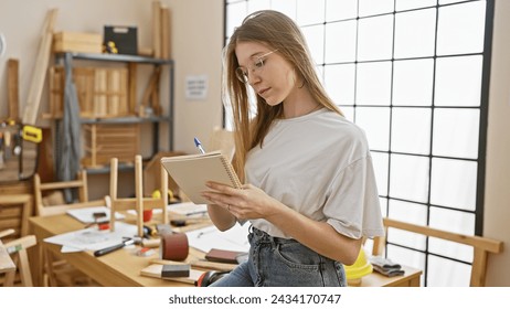 A young woman concentrates on writing notes in a notebook at a well-lit carpentry workshop, surrounded by woodworking tools and projects. - Powered by Shutterstock