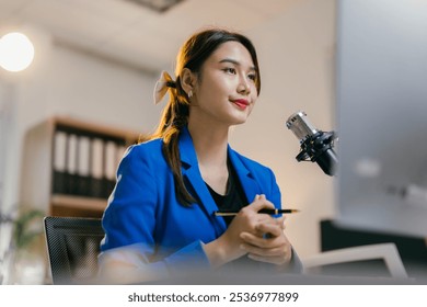 Young woman confidently speaks into a microphone while recording a podcast in a professional studio, surrounded by modern technology. Her smile shows passion for digital content creation - Powered by Shutterstock