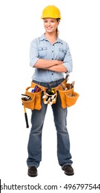 Young Woman Construction Worker On White