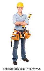 Young Woman Construction Worker On White