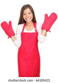 Young Woman With Cooking Mittens Isolated On White Background. Asian / Caucasian Woman Happy.