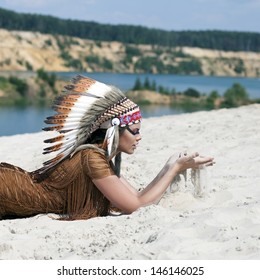 Young Woman In Costume Of American Indian 