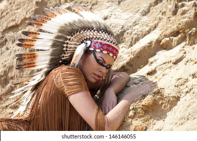 Young Woman In Costume Of American Indian 