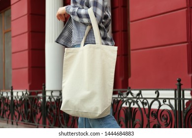 Young Woman With Cotton Bag On City Street, Closeup. Mockup For Design