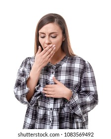 Young Woman Coughing On White Background