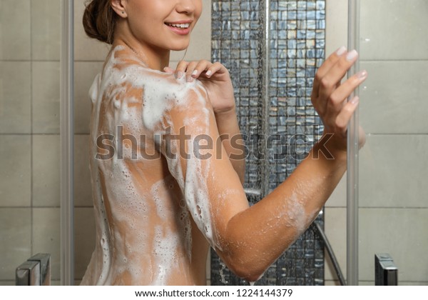 Young Woman Covered Soap Foam Taking Stock Photo Edit