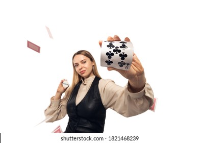 Young Woman, Croupier Gesturing Isolated On White Background. Highly Tensioned, Wide Angle, Fish Eye View. Concept Of Human Emotions, Facial Expression, Sales, Ad, Sport, Gambling.