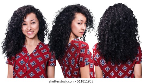 Young Woman With Curly Black Hair From All Angles Isolated On White.