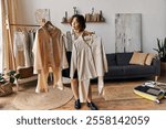 A young woman with curly hair inspects two outfits in her stylish, sunlit apartment.