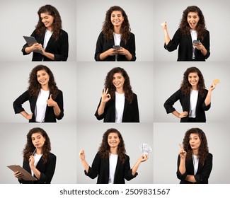 A young woman with curly hair is showcasing a range of expressions and activities in a professional attire. She holds a tablet and smartphone, gestures positively with her hands - Powered by Shutterstock