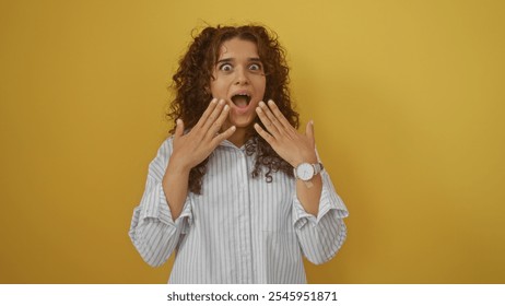 Young woman with curly hair showing surprise over a yellow background, wearing a striped shirt and watch. - Powered by Shutterstock