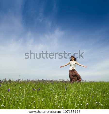 Similar – Image, Stock Photo girl walking in a field with yellow flowers sunny day